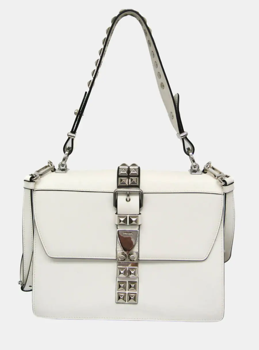 Prada Electra Studs Leather Handbag Shoulder Bag White