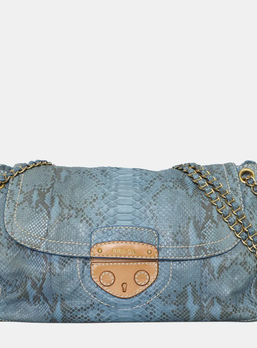 Prada Delave Flap Blue Python Leather Shoulder Bag