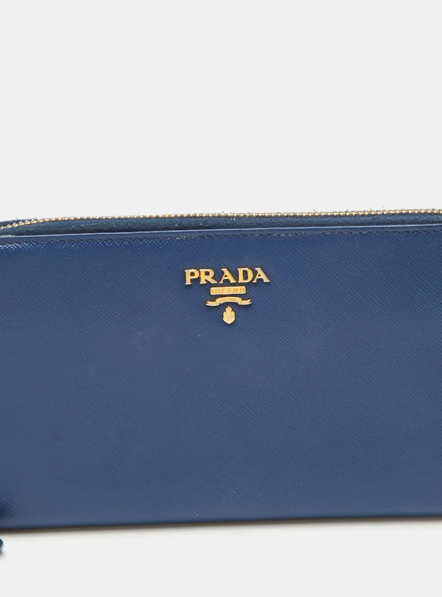 Prada Blue Saffiano Leather Continental Zip Around Wallet