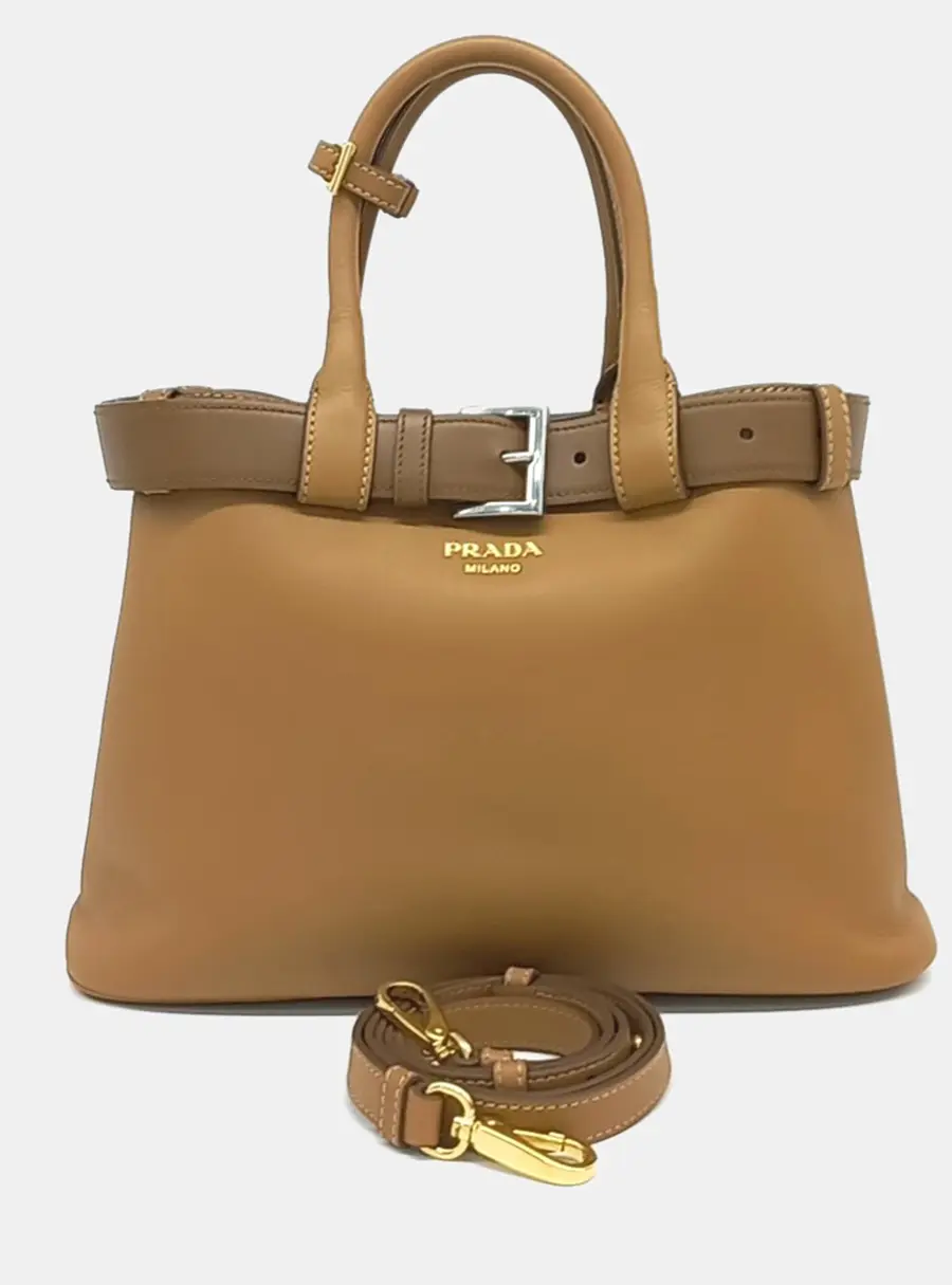 Prada Buckle Bag Medium Brown Calfskin Leather Top Handle Bag