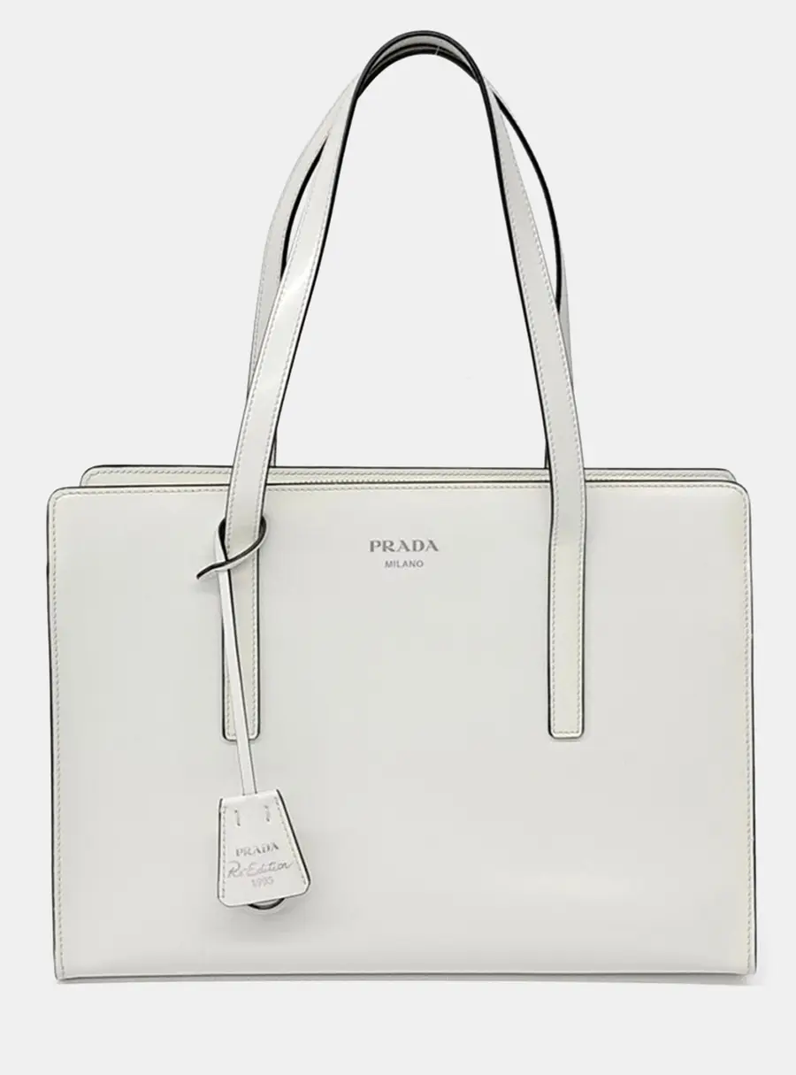 Prada White Leather Brushed Re-edition 1955 Tote Bag