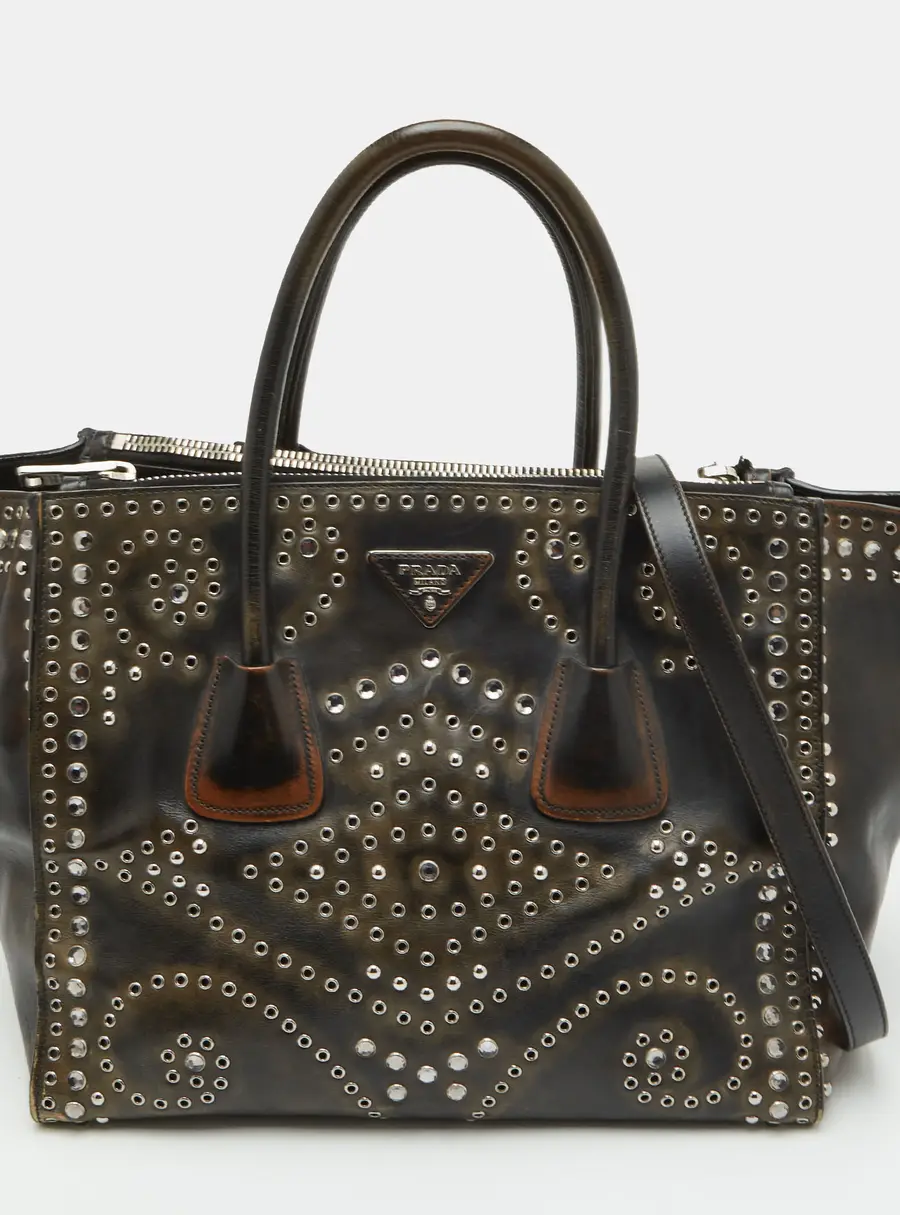 Prada Black/Brown Distressed Leather Grommet Twin Pocket Double Handle Tote