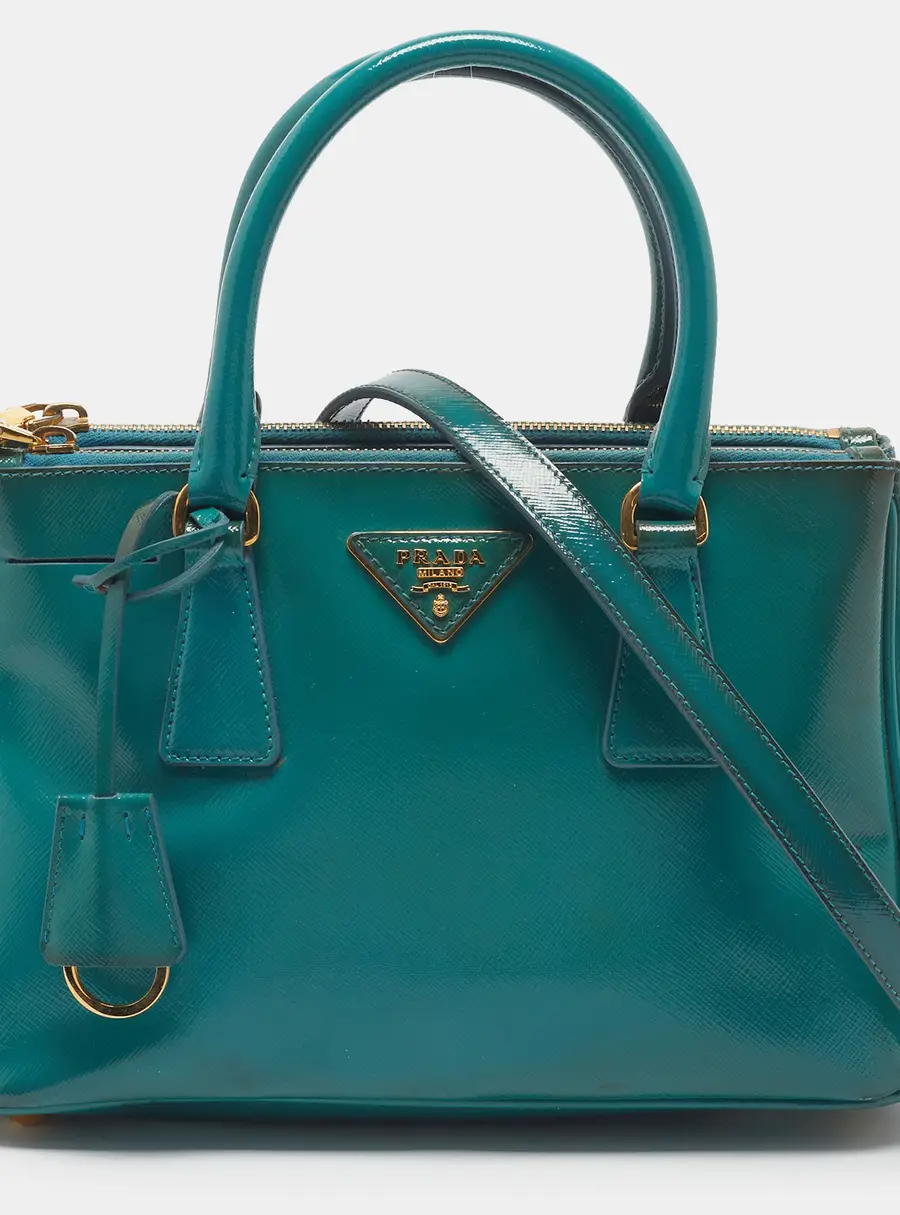 Prada Double Zip Small Green Vernice Leather Tote