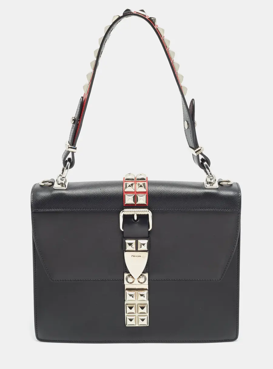 Prada Studded Elektra Black/Red Saffiano and City Leather Top Handle Bag