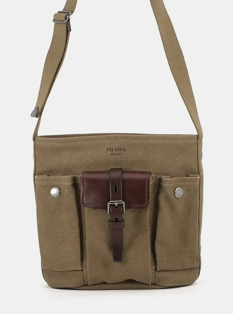 Prada Route Mini Khaki Brown Canvas Leather Crossbody Bag