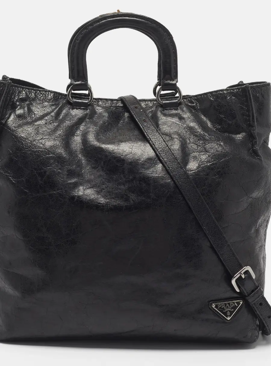 Prada Black Vitello Shine Distressed Leather Tote