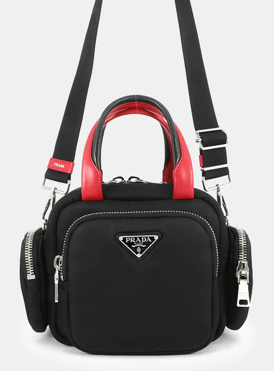 Prada Multi-Pocket Black Nylon Leather Shoulder Bag