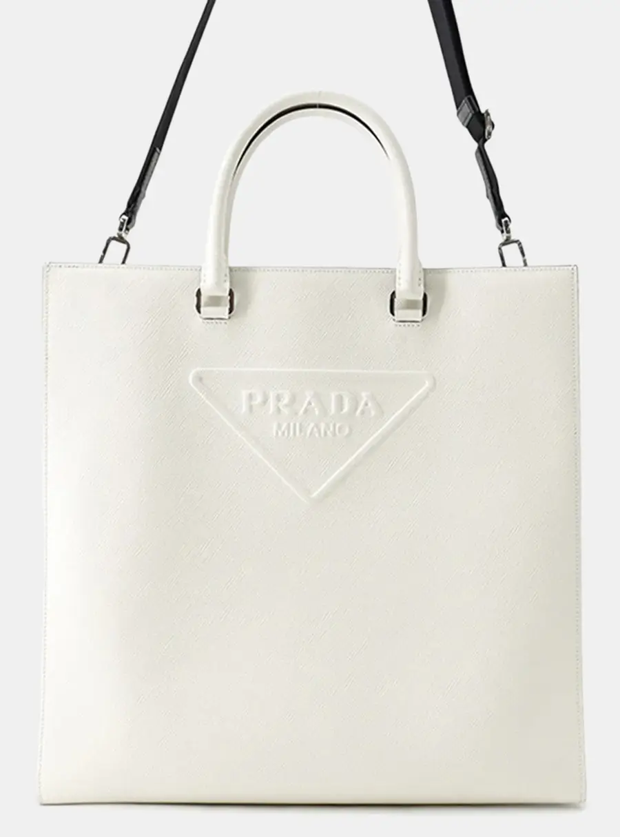 Prada Triangle White Saffiano Leather Tote Bag