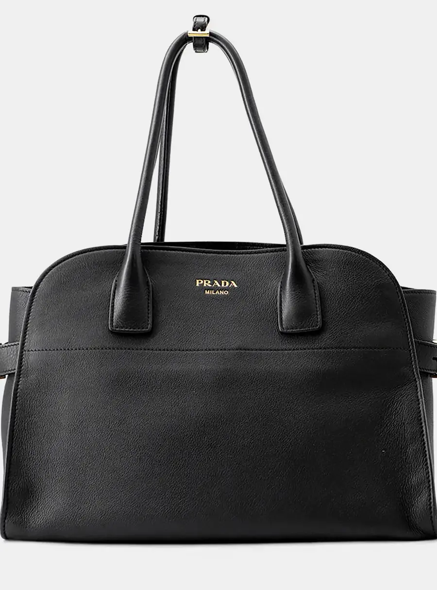 Prada Logo Tote Small Black Grained Calfskin Leather Top Handle Bag