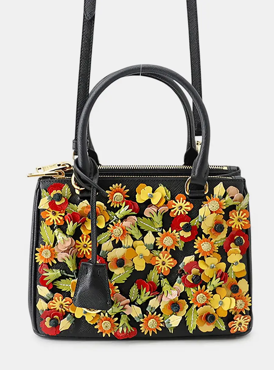 Prada Galleria Small Black Multicolor Saffiano Leather Top Handle Bag