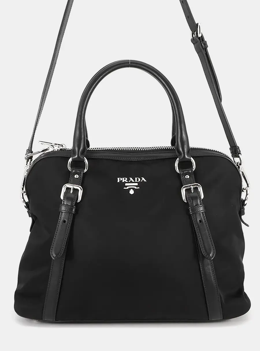 Prada Top Handle Black Nylon Leather Crossbody Bag