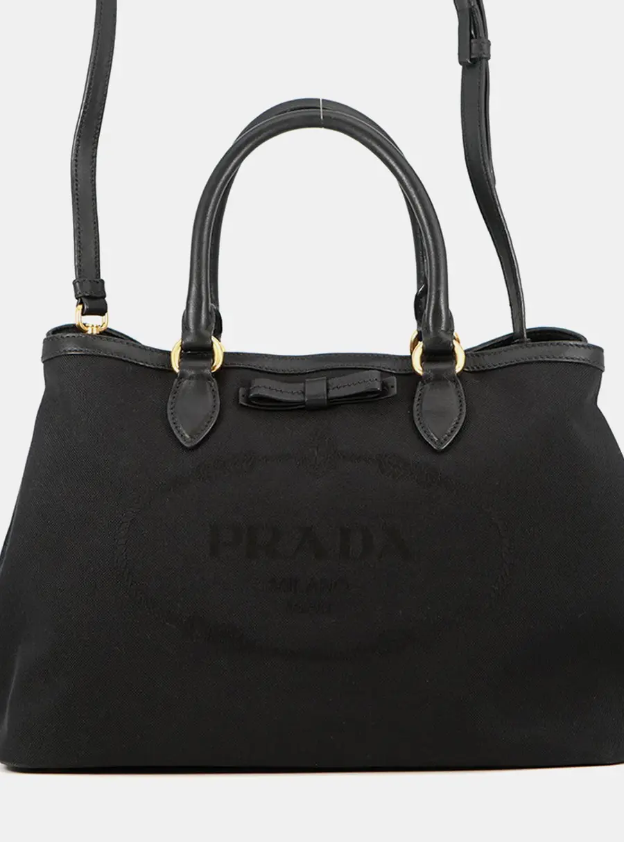 Prada Logo Jacquard 1BA579 Black Canvas Leather 2Way Tote Bag