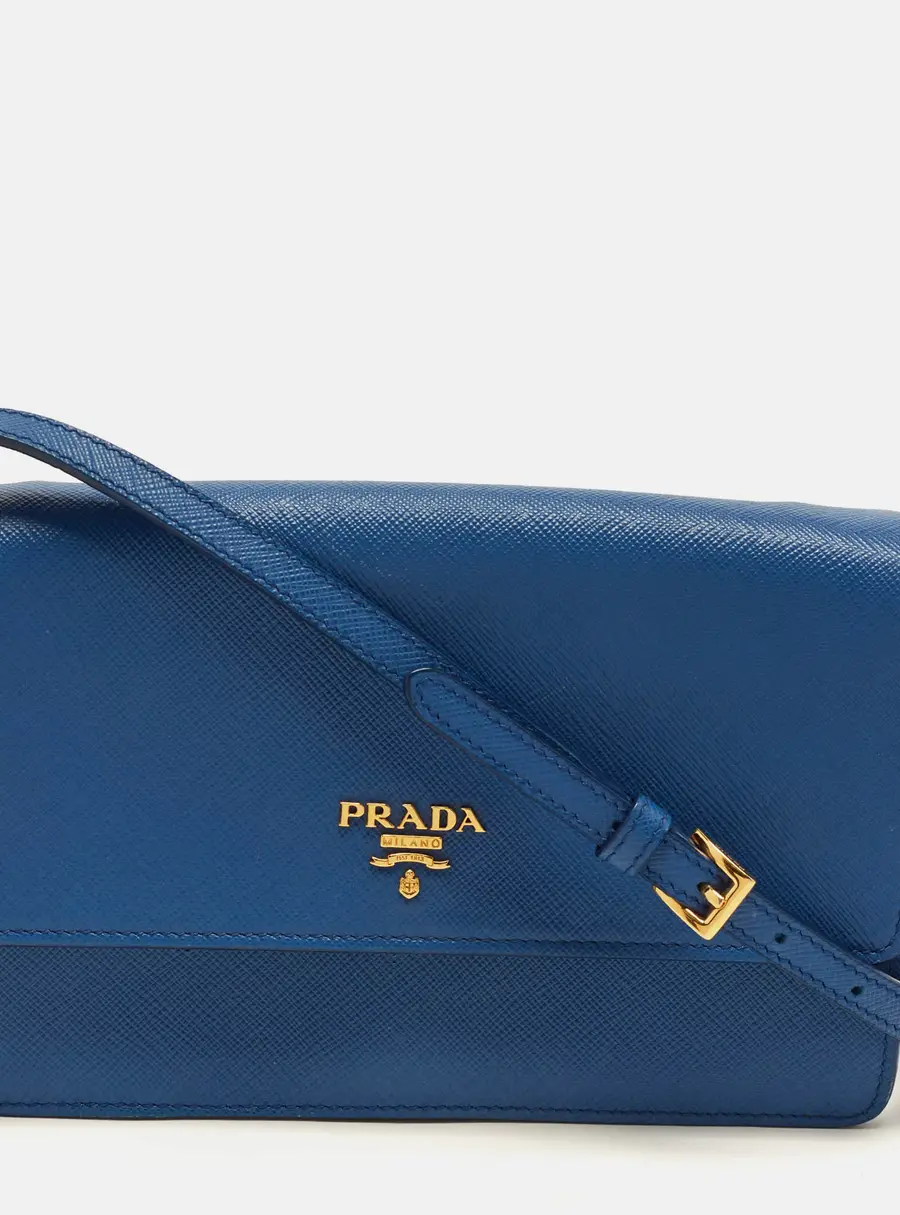 Prada Logo Flap Blue Saffiano Lux Leather Wallet On Chain
