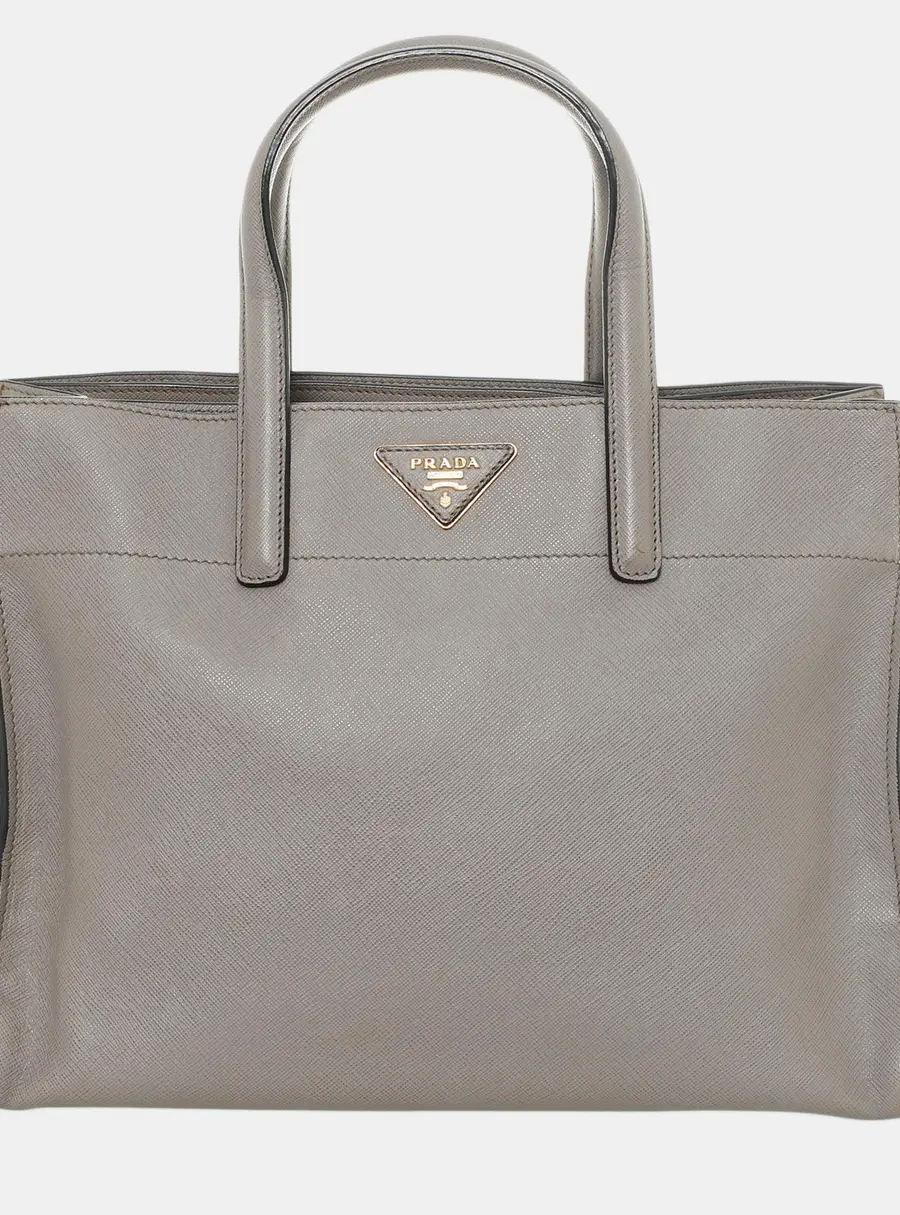 Prada Soft Caiman Leather Large Gray Saffiano Leather Top Handle Bag