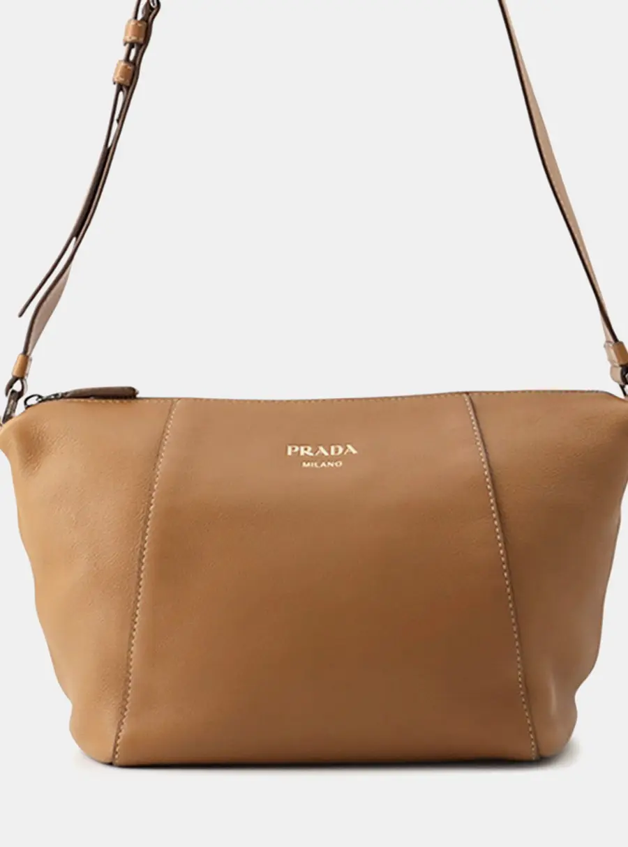 Prada Logo Medium Brown Leather Shoulder Bag