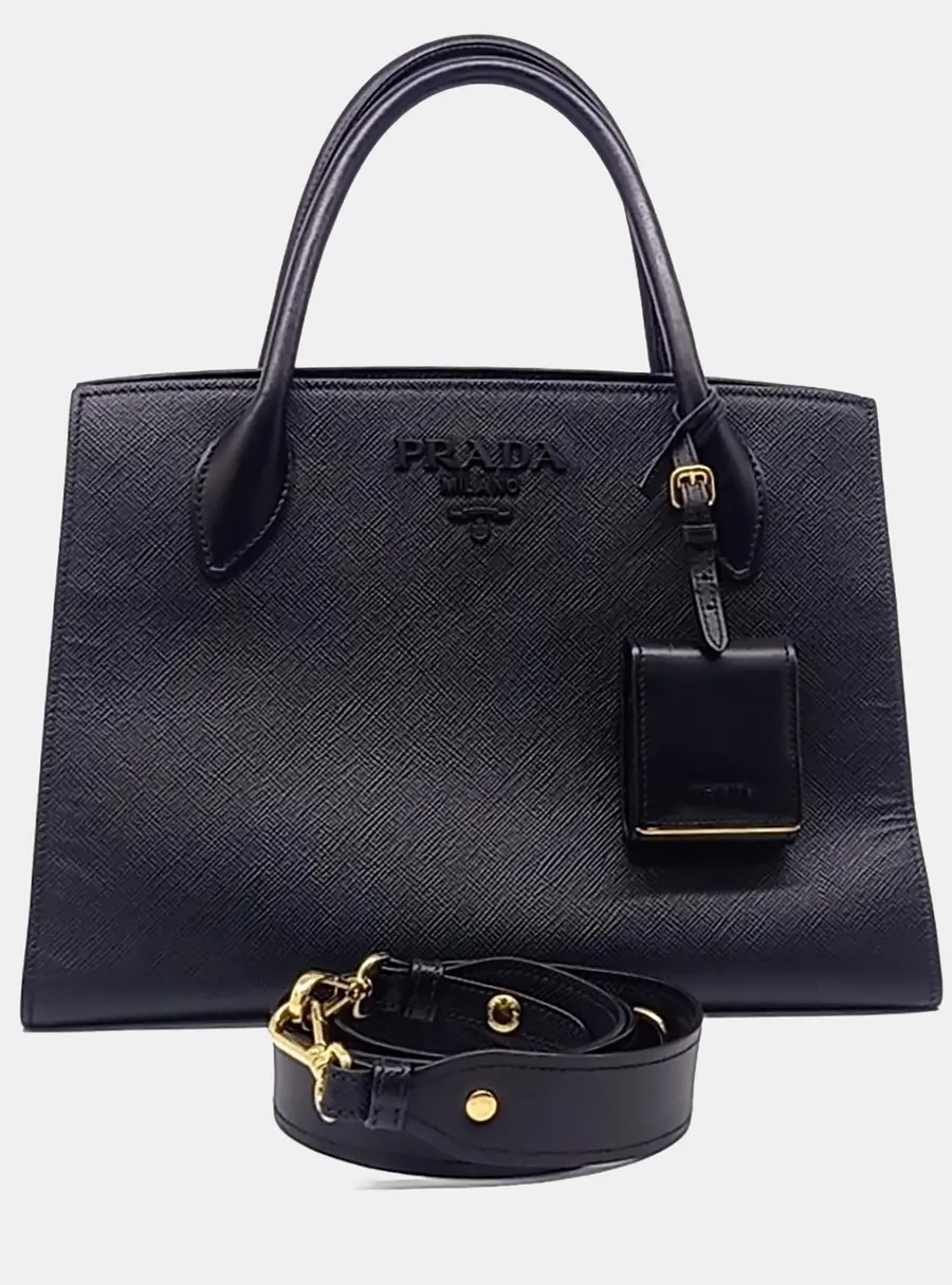 Prada Black Leather Saffiano Monochrome Tote and Shoulder Bag