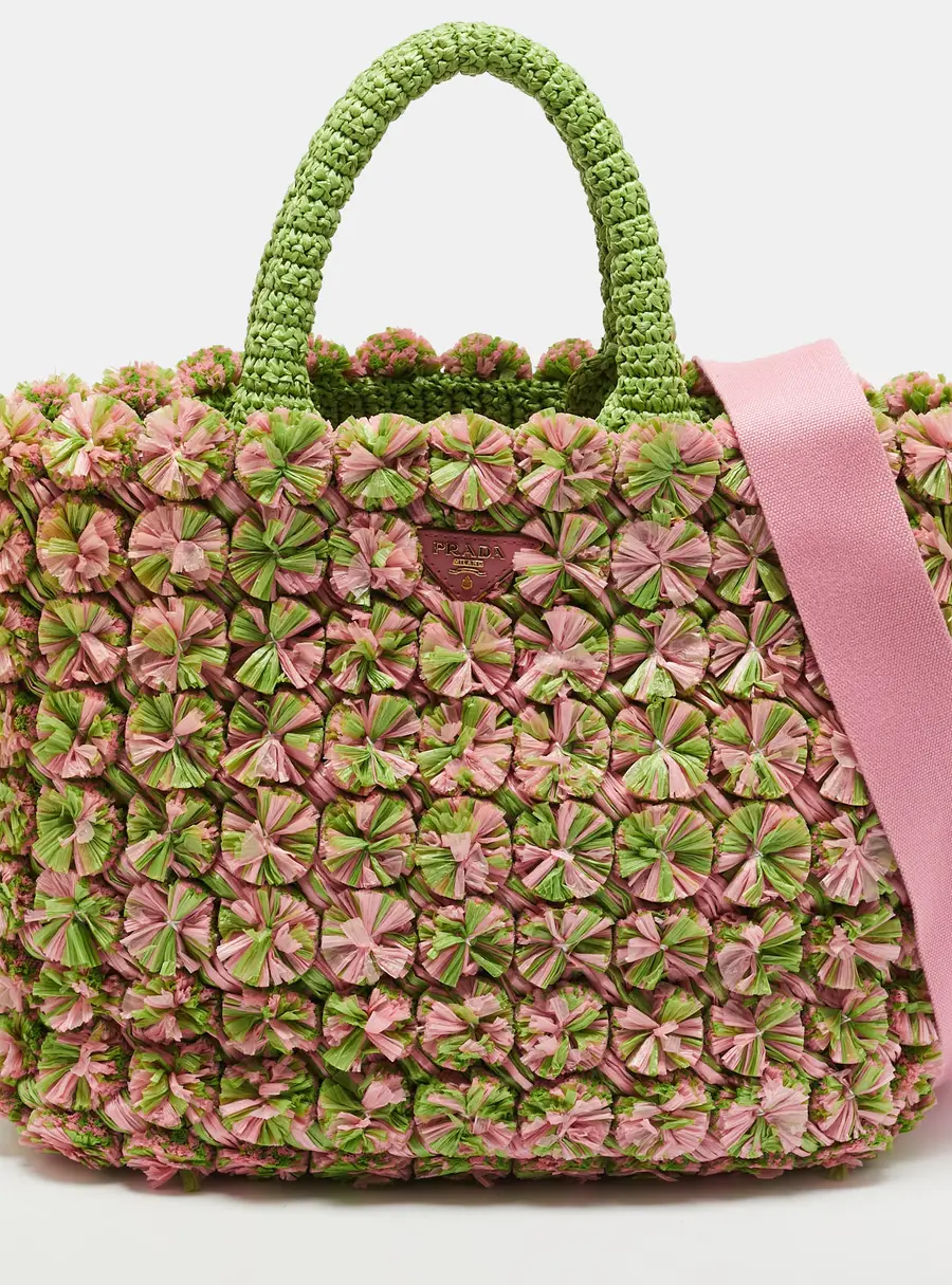 Prada Green/Pink Floral Raffia Tote