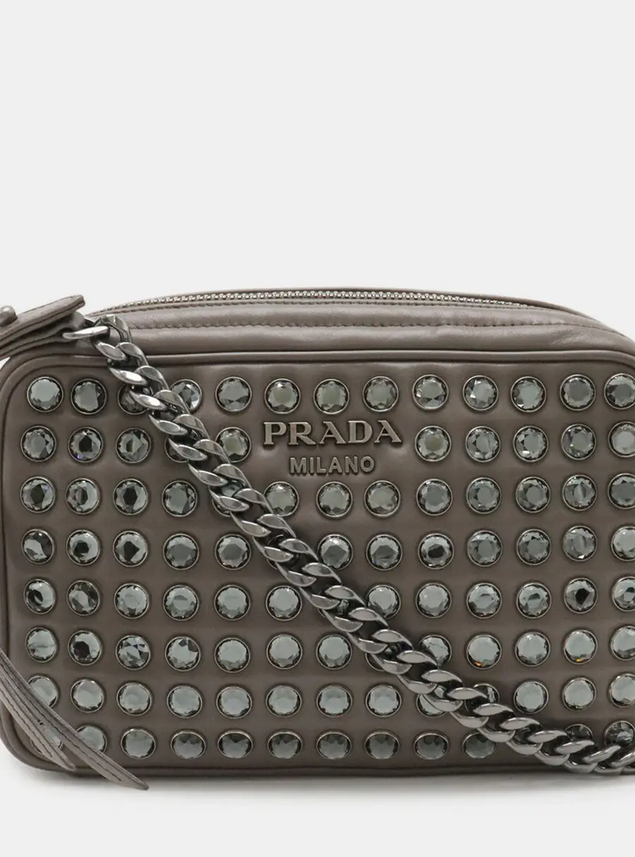 Prada Vitello Phenix Rhinestone Greige Soft Calf Leather Shoulder Bag