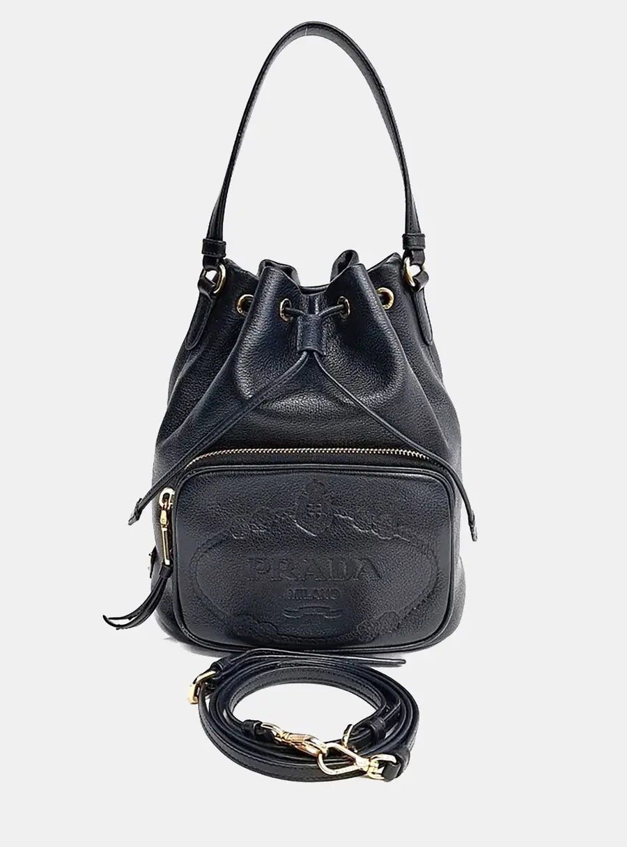 Prada Black Leather Prada Glace Calf Bucket Tote and Crossbody Bag (1BH038)