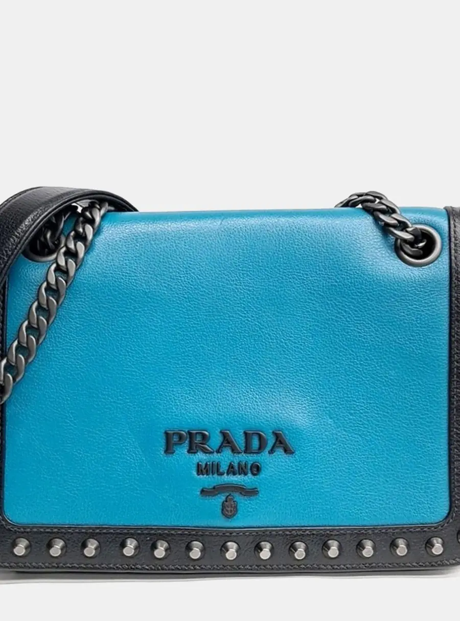 Prada Glace Black/Blue Calf Leather Chain Shoulder Bag (1BD147)