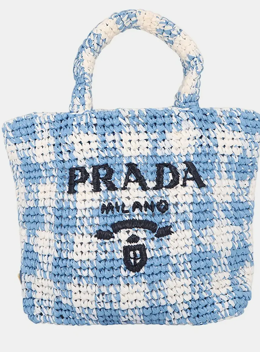 Prada Crochet Small Blue White Raffia Tote Bag