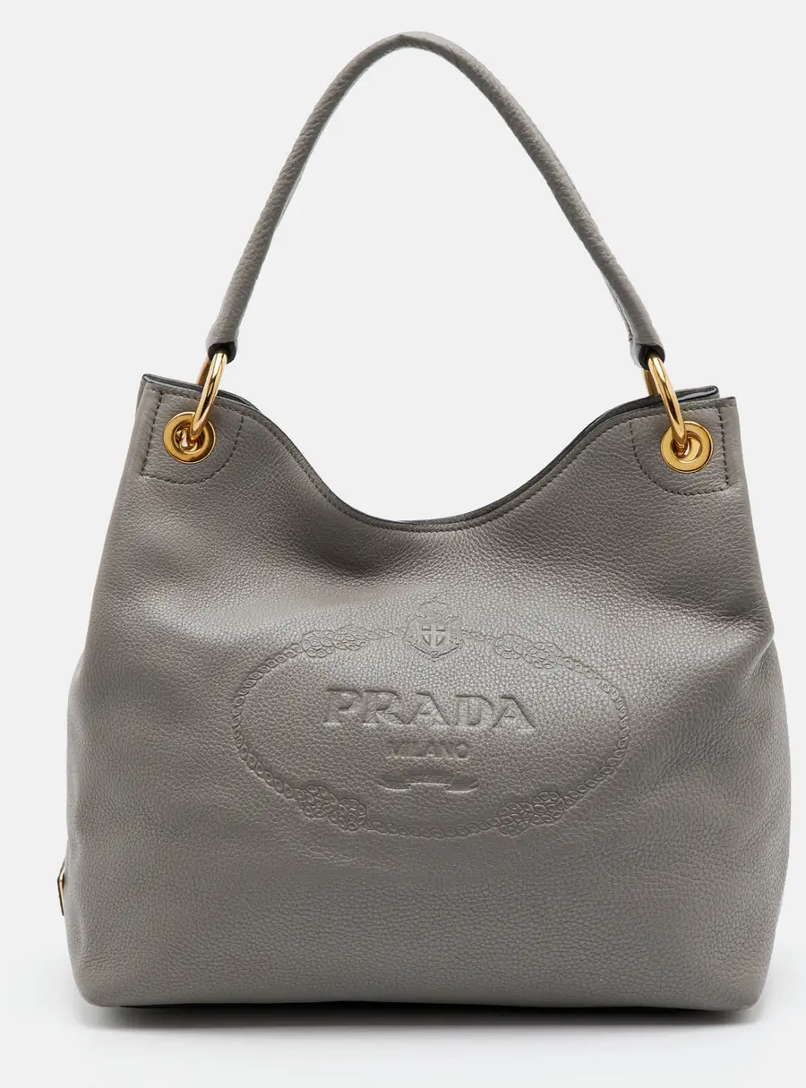 Prada Vitello Daino Light Grey Leather Phenix Embossed Logo Hobo