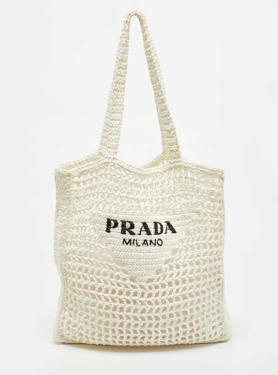 Prada White Crochet Straw Tote