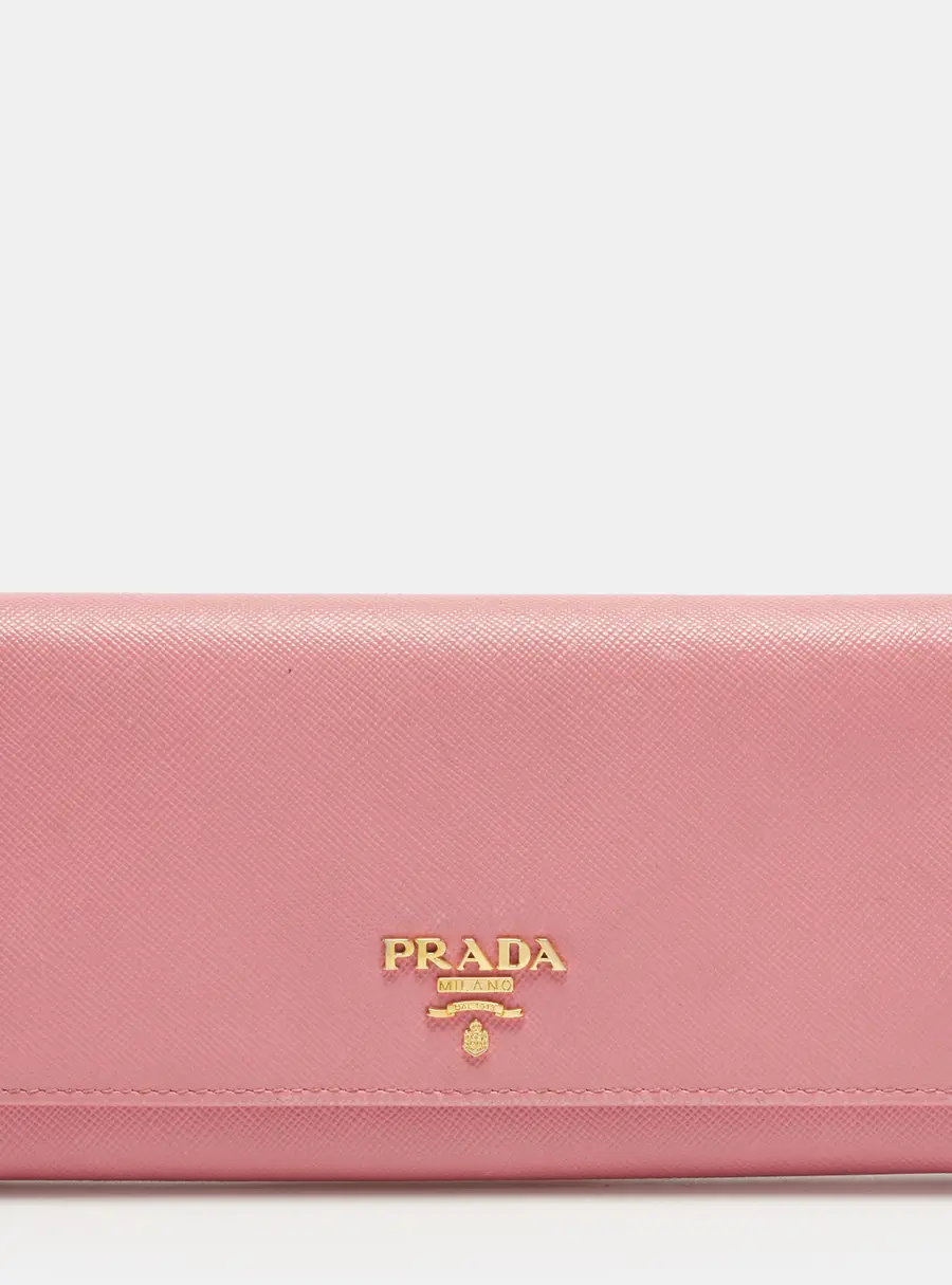 Prada Logo Flap Pink Saffiano Metal Leather Continental Wallet