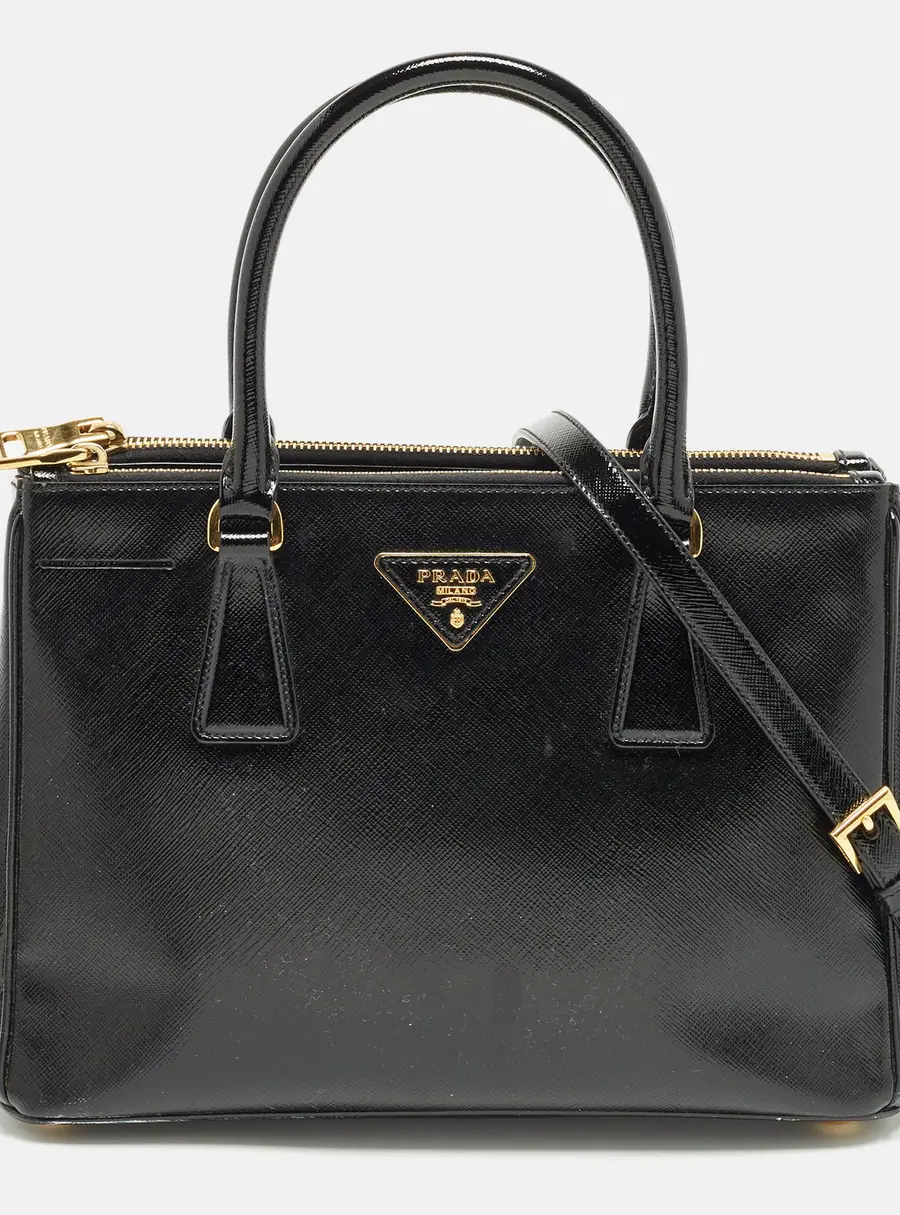 Prada Double Zip Small Saffiano Vernice Leather Tote