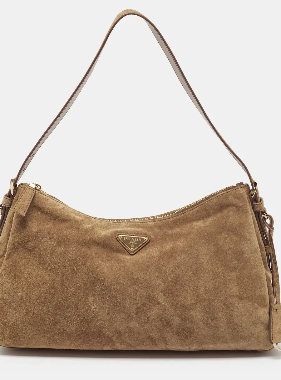 Prada Aimée Large Brown Suede Shoulder Bag