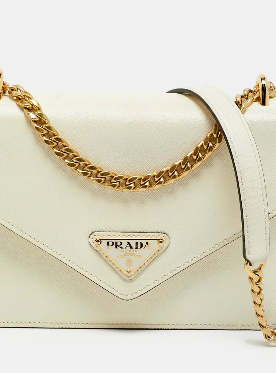 Prada Triangle Logo Flap White Saffiano Lux Leather Chain Clutch