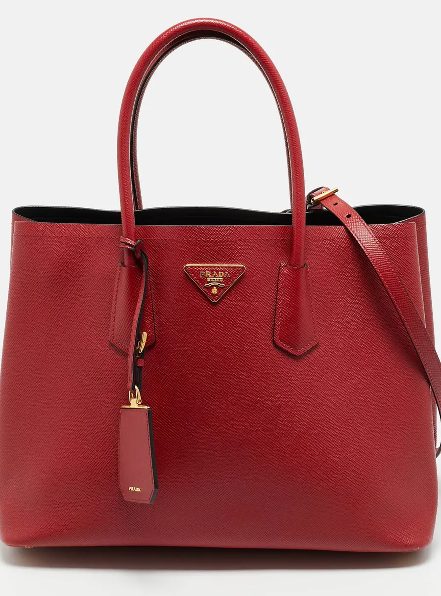 Prada Double Handle Medium Red Saffiano Cuir Leather Tote
