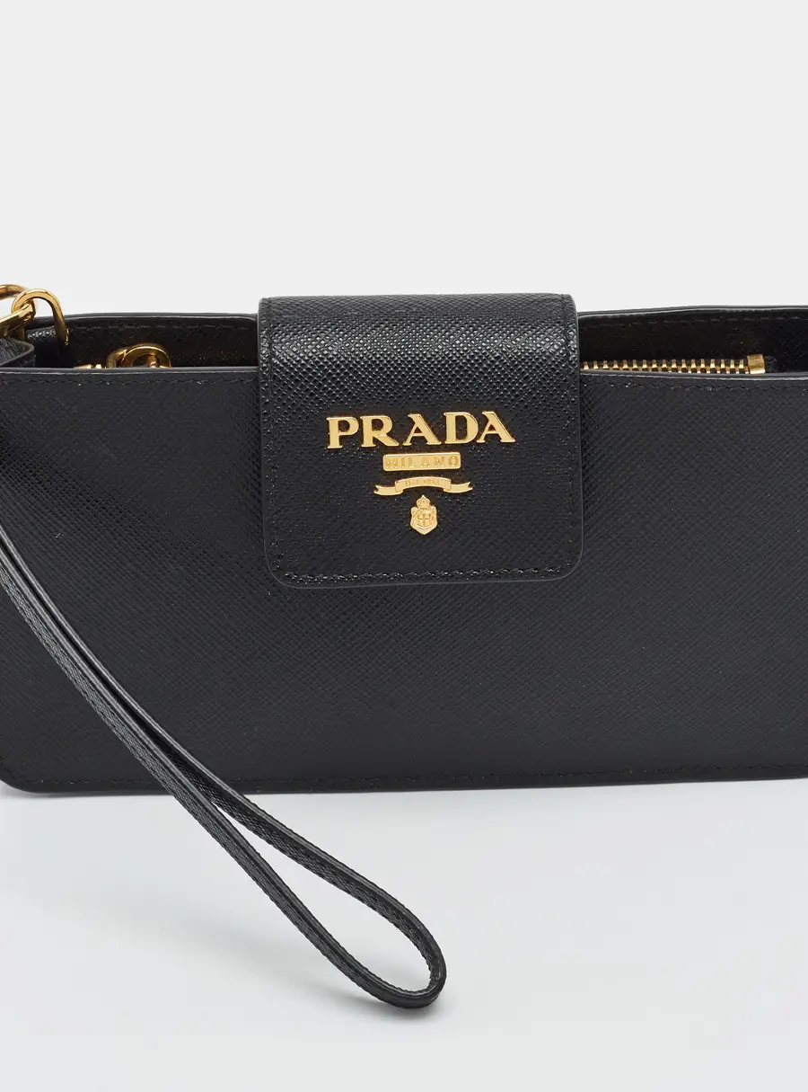 Prada Black Saffiano Metal Leather Wristlet Pouch