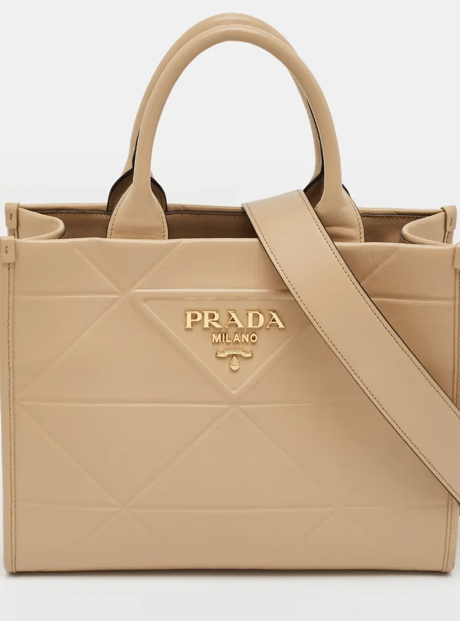 Prada Triangolo Symbole Embossed Beige Leather Tote