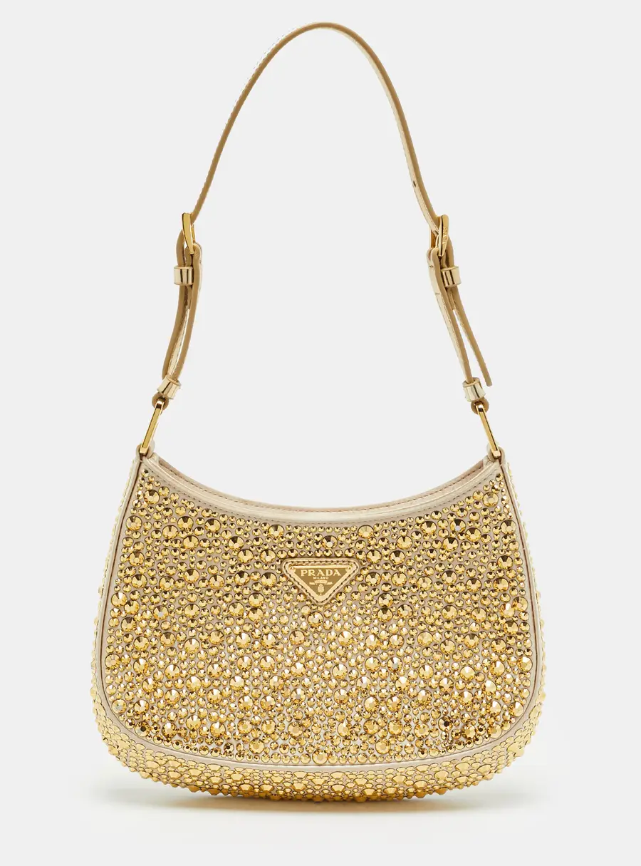 Prada Cleo Beige/Gold Leather and Satin Shoulder Bag