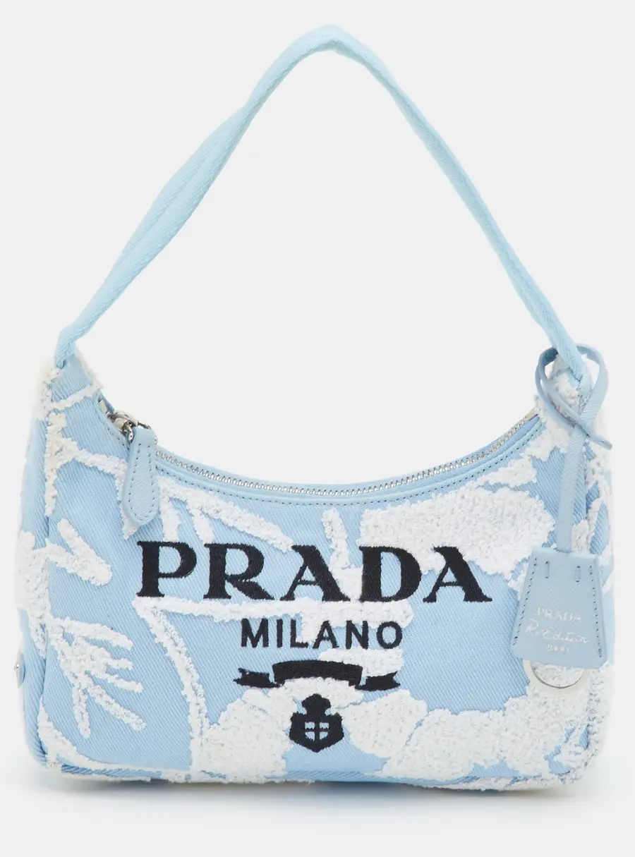 Prada Re-Edition 2005 Blue/White Embroidered Drill Canvas Shoulder Bag
