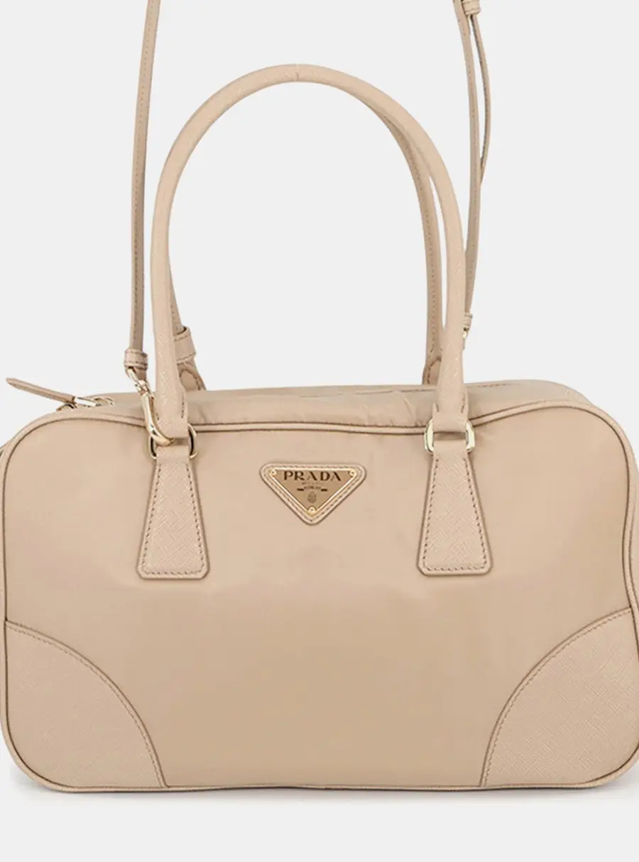 Prada Re-Edition 1978 Medium Beige Nylon Saffiano Leather Top Handle Bag