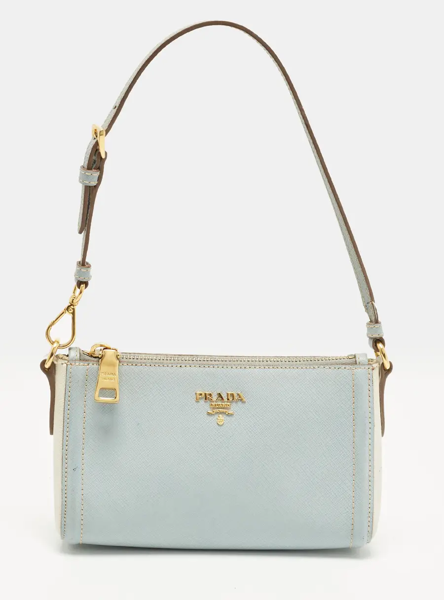 Prada Blue/White Saffiano Lux Leather Pochette Bag