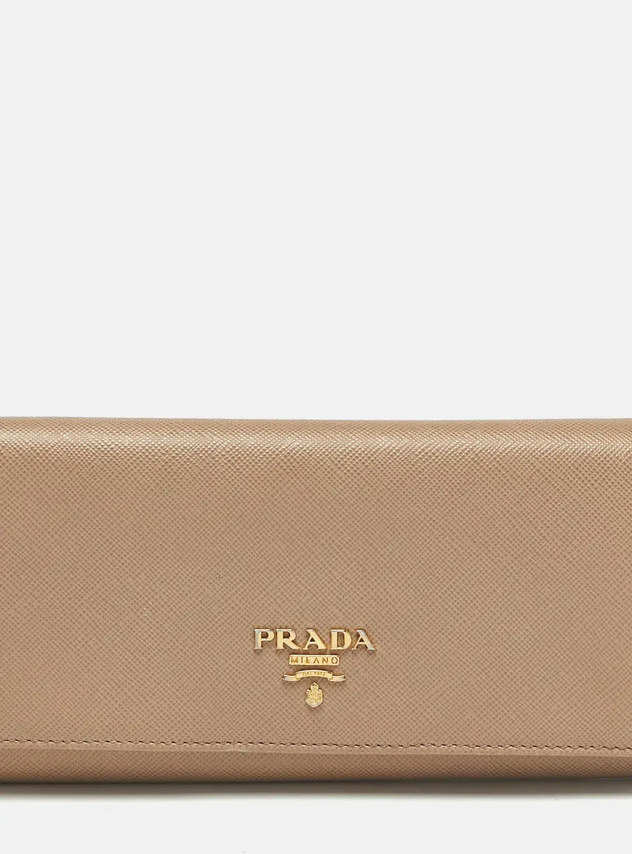 Prada Logo Flap Beige Saffiano Metal Leather Continental Wallet
