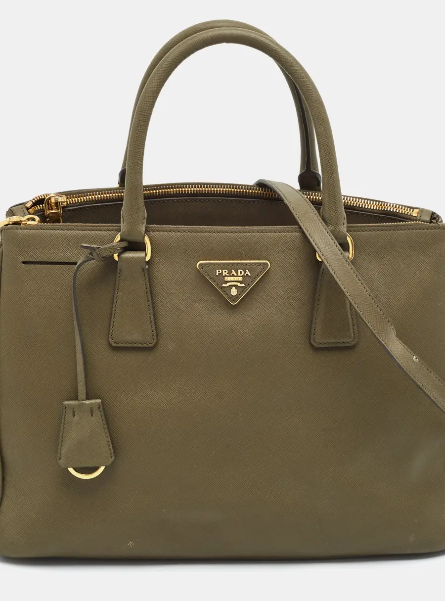 Prada Double Zip Medium Army Green Saffiano Leather Tote