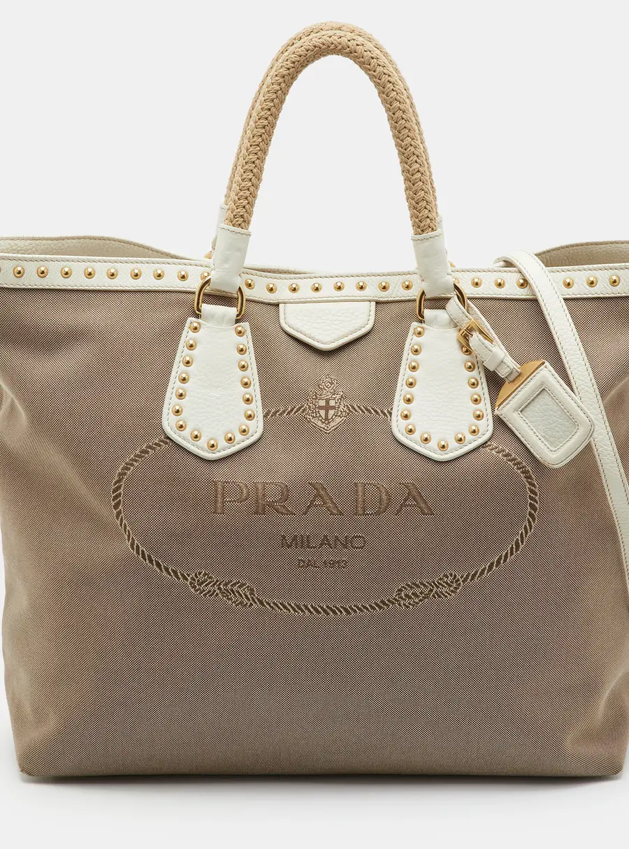 Prada Canapa Beige/White Canvas and Leather Studded Tote