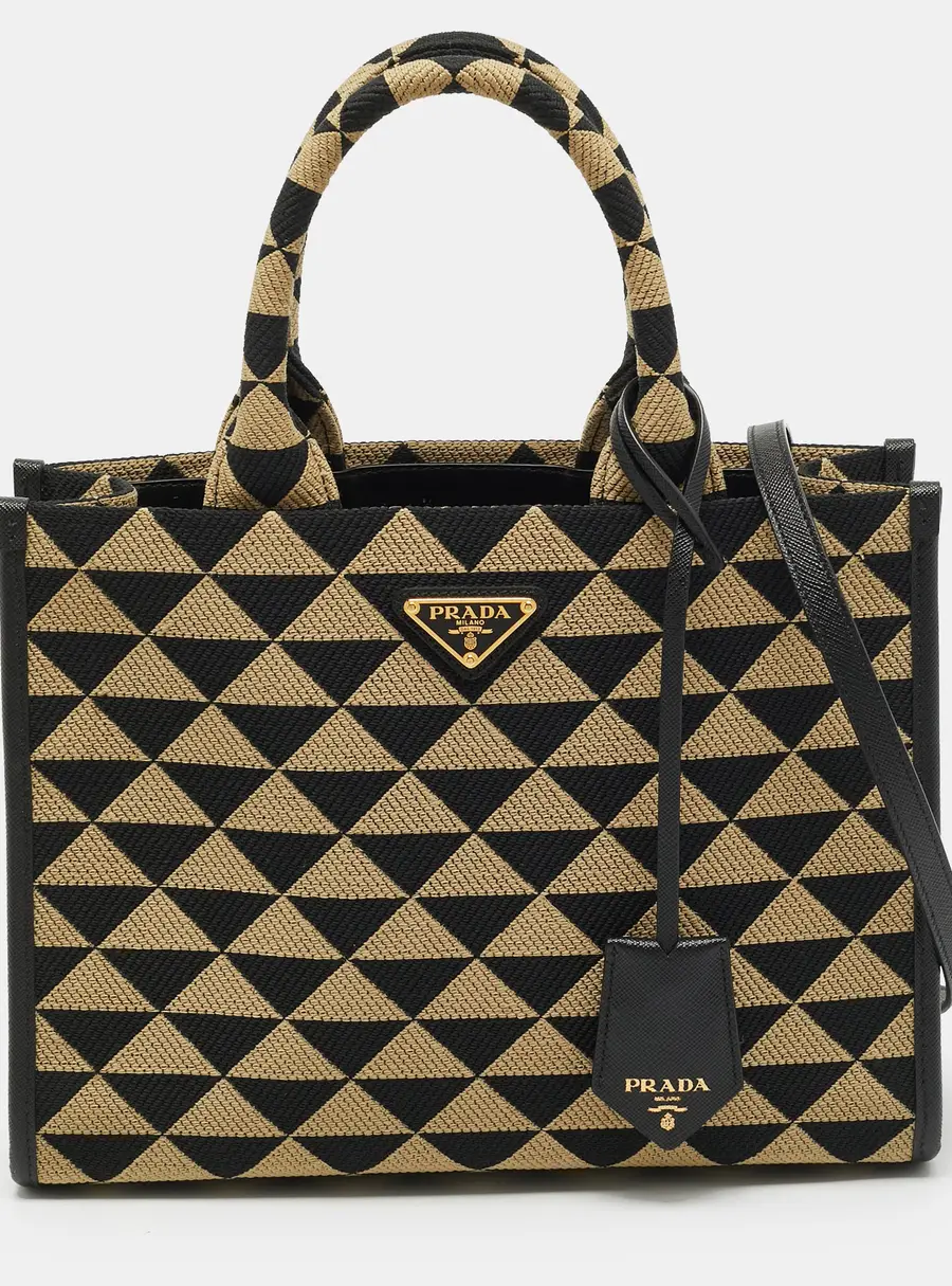 Prada Symbole Small Black/Beige Triangolo Jacquard Canvas Tote