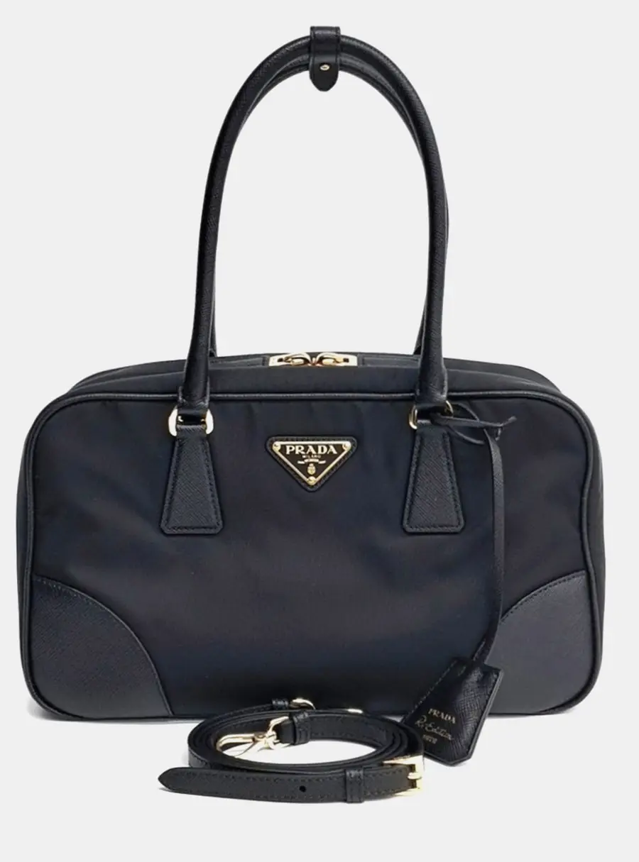 Prada Black Re-Nylon Saffiano Leather Tote and Shoulder Bag