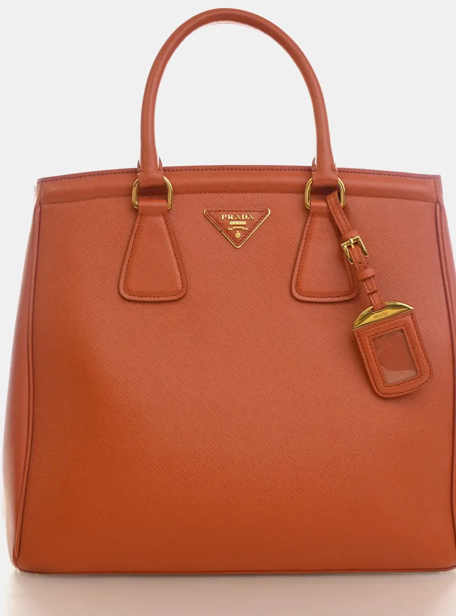 Prada Parabole Medium Papaya Saffiano Lux Leather Top Handle Bag