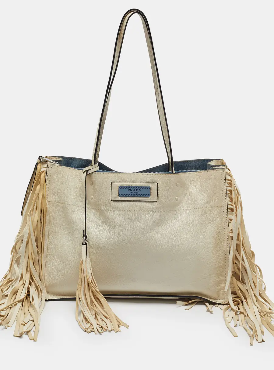 Prada Etiquette Fringe White Leather Tote
