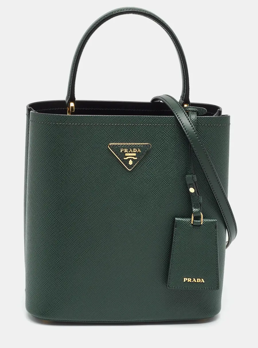 Prada Panier Medium Green Saffiano Cuir Leather Top Handle Bag