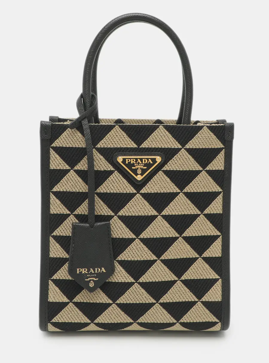 Prada Symbole Embroidered Beige/Black Canvas and Leather Tote