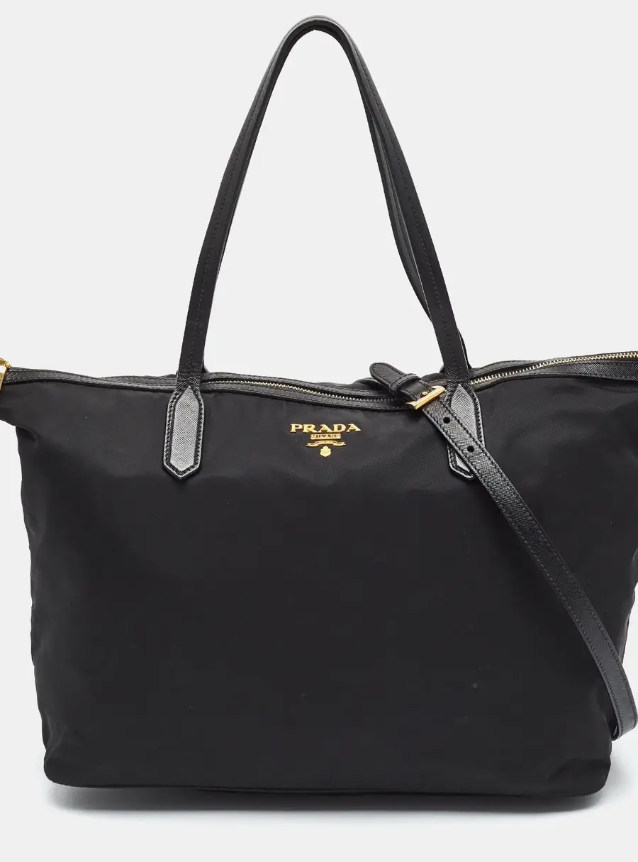 Prada Black Top Zip Leather and Nylon Tote