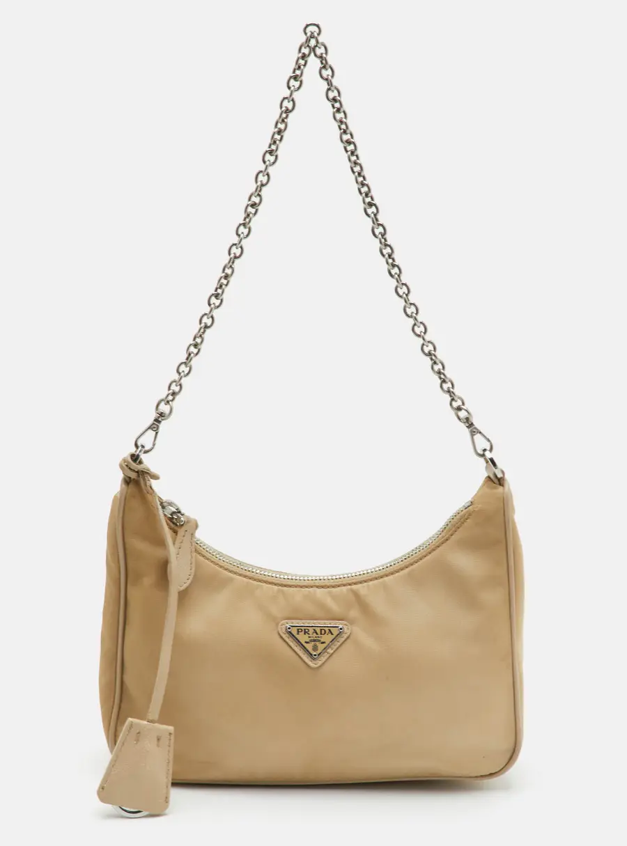 Prada Re-Edition 2005 Beige Nylon and Saffiano Leather Shoulder Bag