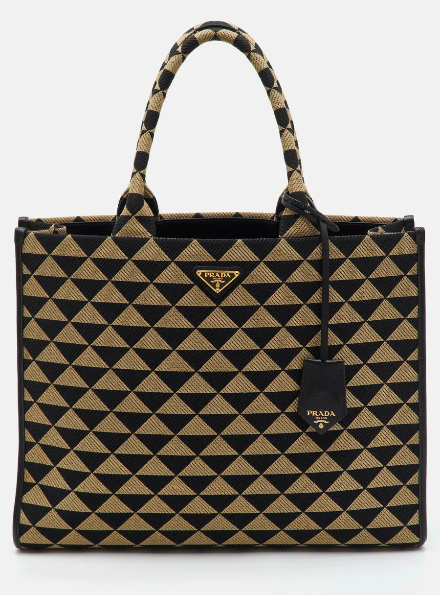 Prada Triangolo Symbole Large Black/Beige Jacquard and Saffiano Leather Tote